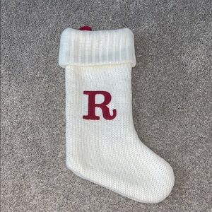 White Knit Christmas Stocking with Red R Initial